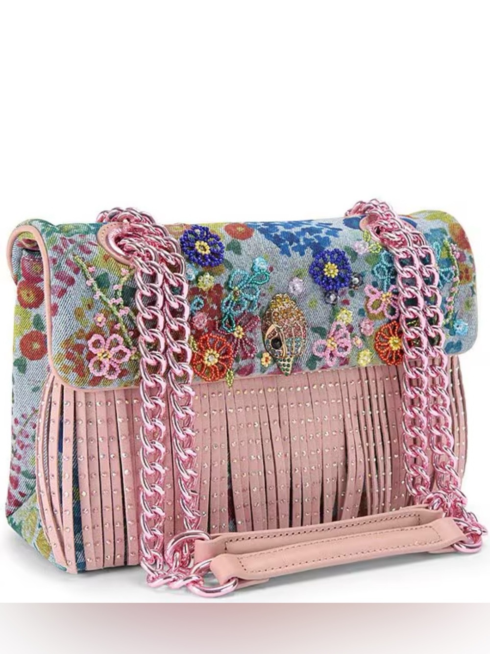 Kensington Beaded Floral Denim Fringe Shoulder Bag - NWT